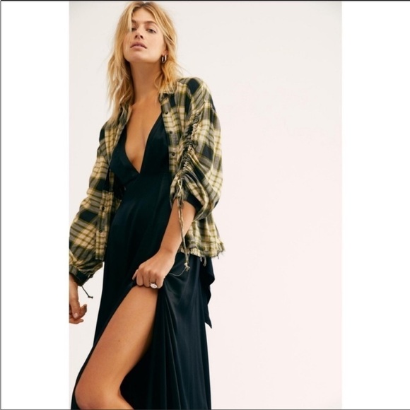 FREE PEOPLE PACIFIC DAWN PLAID SNAP RUCHED SLEEVE WOOL BLEND FLANNEL TOP S NWT - Picture 6 of 14